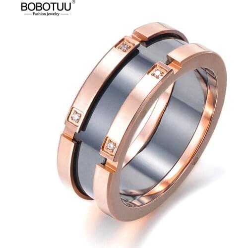 BOBOTUU Classic Ring Rose Gold Color Cubic Zirconia Black Ceramics Titanium Steel Wedding Rings For Women Bague Femme BR17039