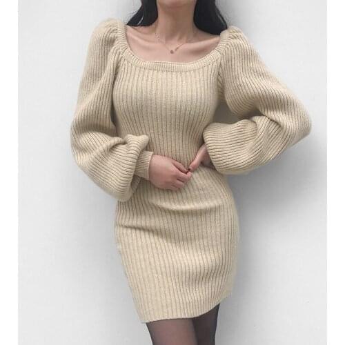 Women’s Fashion Solid Color Short Dress Autumn Winter Sexy Square Collar Puff Sleeve Knitted Bodycon Dress