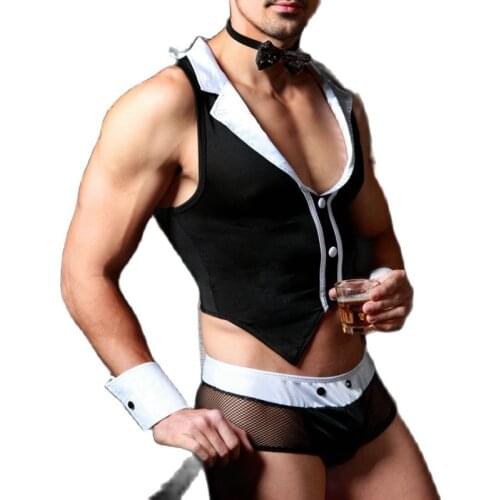 2020 Mens Butler Waiter Lingerie Suit Tuxedo G-string Thong Underwear with Bow Tie Collar and Bracelets Sexy Costumes 9823