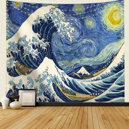 230*180 Japan Kanagawa Waves Printed Hanging mandala Tapestry Starry sky macrame wall hanging Tapestries boho decor Mat Blanket