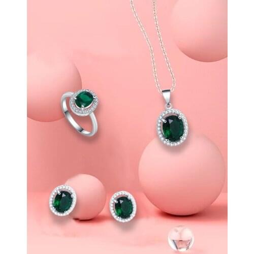 Ayowei Trendy 925 Silver Green Zircon Earrings Necklace Ring Jewelry Set Fashion Christmas Gift JS783A