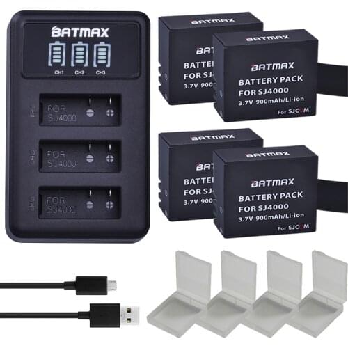 Batmax 4Pcs New SJCAM SJ4000 Battery+LED 3 Port USB Charger for SJ4000 SJ5000 SJ6000 SJ7000 SJ8000 SJ9000 SJ M10 Action Cameras