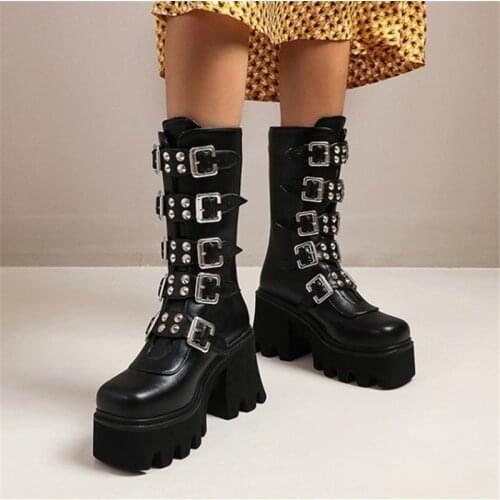 PXELENA Hot Winter Rivet Combat Platform Ankle Boots Women Buckle Chunky High Heel Punk Rock Gothic Motorcycle Biker Boots 35-44