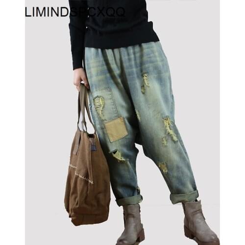 Cowboy Palazzo Cargo Hippie Boho Vintage Loose Pantalones Mujer Jeans Blue Pants For Women Trousers Ripped Denim Baggy Pants New