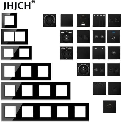 Jhjch wall-mounted module diy European standard black tempered crystal glass panel socket LED light switch button function combi