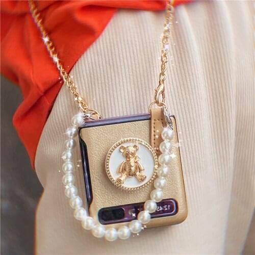 Classic Bear Cases For Samsung Z Flip F7070 F700 Leather Lanyard Bracket Diagonal Folding Phone Case Cover For Samsung Z Flip 3