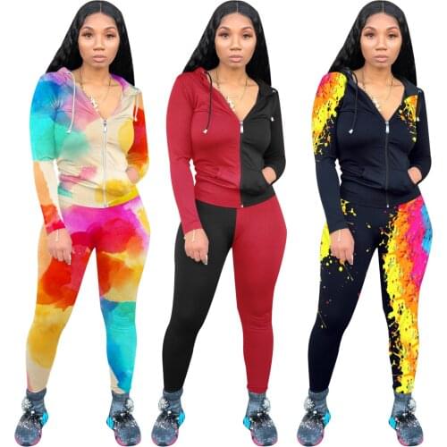 Echoine Women Two Piece Set Fitness Tie Dye Printed Patchwork Zipper Up Hoodies Tops Pencil Pants Suit Active Tracksuit Outfits