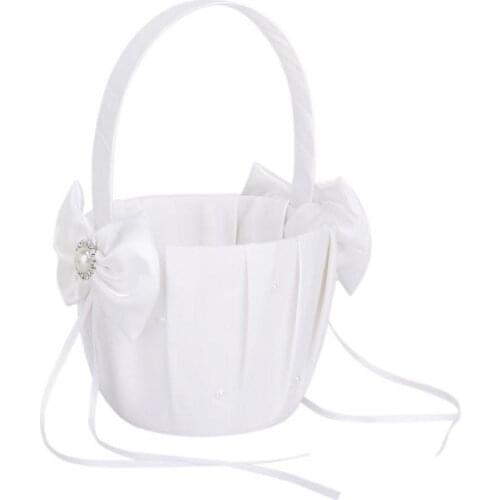 50% Hot Sales! Satin Bowknot Faux Pearl Rhinestone Party Wedding Ceremony Flower Girl Basket