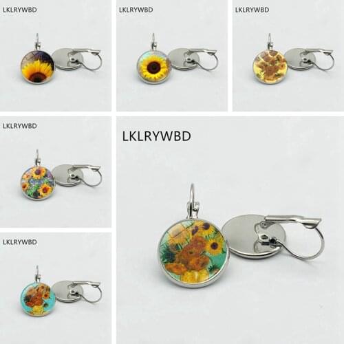 LKLRYWBD / Van Gogh Art Sunflower Earrings Silver Bronze Earrings Glass Earrings Fashion Girl Jewelry Beautiful Gift