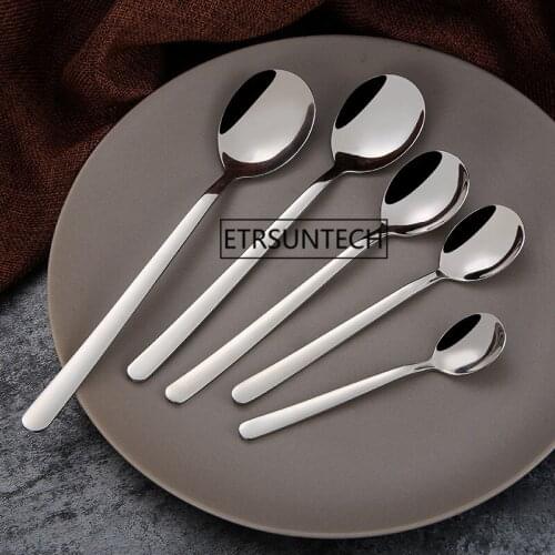 100pcs Stainless Steel Spoon Ice Cream Spoon Fruit Sala Vegetable Fork Long Handle Round Head Sugar Scoop Tableware