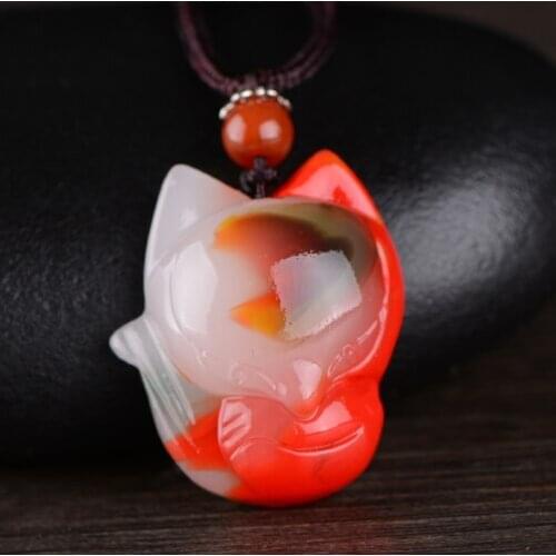 Fashion Colorful Jade Fox Pendant Necklace Jewellery Chinese Hand-Carved Relax Healing Women Man Luck Gifts Free Rope