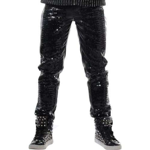 Stage personality men leather pants sequins pant men feet trousers singer dance rock fashion pantalon homme street novelty black