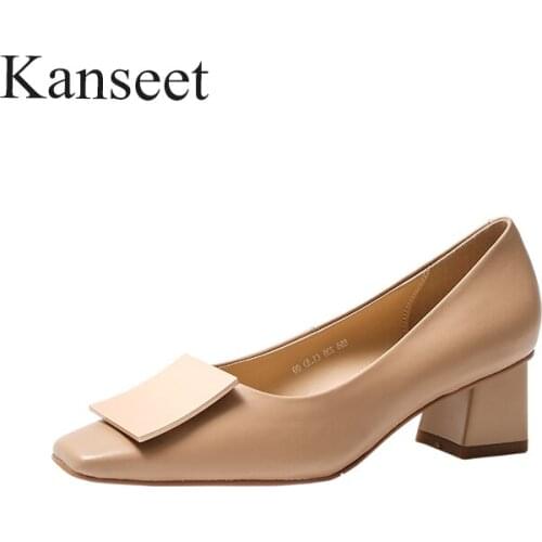 Kanseet 2021 New Women Pumps Spring Autumn Genuine Leather Square Toe Metal Buckle Decoration Handmade Shallow Mid Heel Shoes