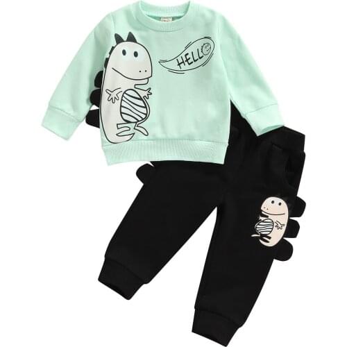 Infant Baby Boys 2Pcs Fall Outfits, Long Sleeve Cartoon Dinosaur Print Pullover Tops + Elastic Waist Pants Set Spring Autumn
