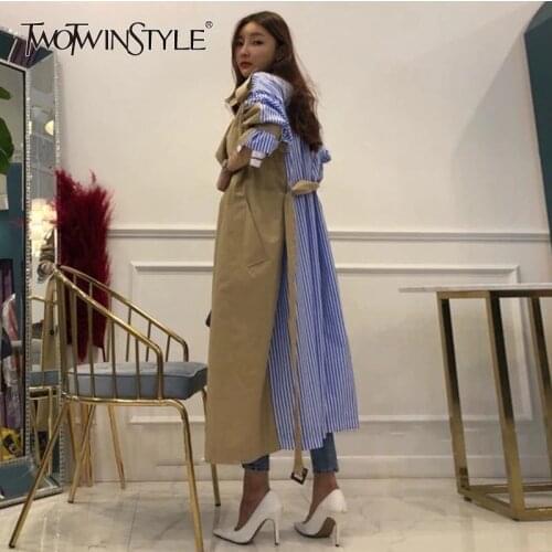 GALCAUR Striped Patchwork Windbreaker For Women Long Sleeve Lace Up Trench Coat Female Korean Fashion 2020 Autumn Oversized