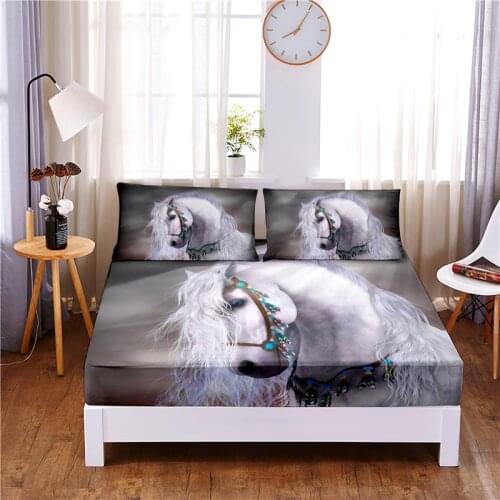 Galloping Horse Digital Printed 3pc Polyester Fitted Sheet Mattress Cover Four Corners with Elastic Band Bed Sheet Pillowcases