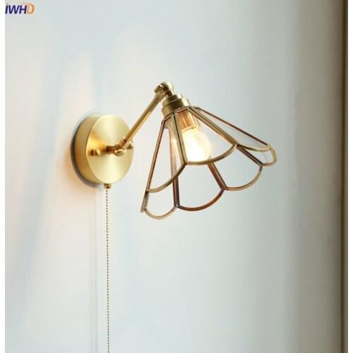 IWHD Nordic Copper Glass LED Wall Light Fixtures Pull Chain Switch Bedroom Mirror Stair Beside Lamp Modern Wall Sconce Wandlamp