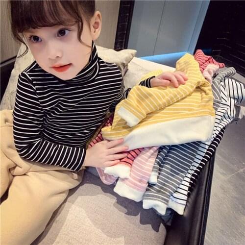 Spring Kids Long Sleeve T-shirts Striped Hoodies for Girls Boys Tops Turtleneck Velvet Sweatshirts Children Winter Clothes 2021