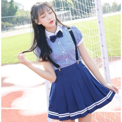 Korean New Fashion Plaid Blouse School Girl Uniform Suspender Skirt Autumn Japanese Vintage Slim College Strap Pleated Skirts