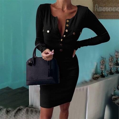 Autumn New Lady Round Neck Stitching One Step Skirt Button Long-sleeved Clothes Women Solid Dress