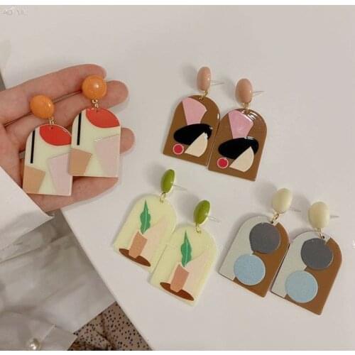 AOMU 2021 New Korea Colorful Geometric Abstract Pattern Acrylic Dangle Drop Earrings For Women Girls Fashion Jewelry Accessories