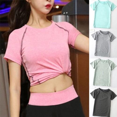 Womens short-sleeved sports elastic sweat-absorbent top Yoga fitness indoor sports quick-drying top