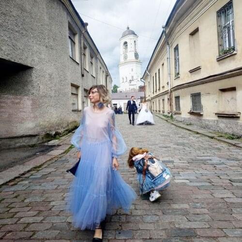 High Street Sky Blue Simple Woman Dress O-neck Ruffles Tulle Long Length A-line Dresses Photograph Custom Made