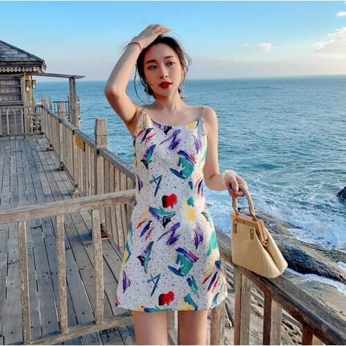 New arrival fashion korean summer mini party dress women temperament elegant sexy strap sleeveless print beach holiday dress