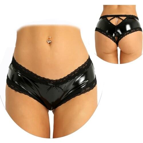 Underwear Womens Erotic Lingerie Mini Briefs Panties Black Sexy Wet Look Patent Leather Lace Open Crotch V-Back Underpants