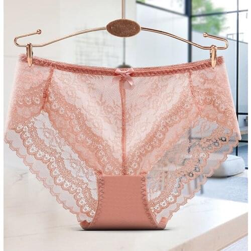 Women Sexy Lace Underwear Hollow Transparent Breathable Female Panties Middle Waist Seamless Delicate Flowers Breifs