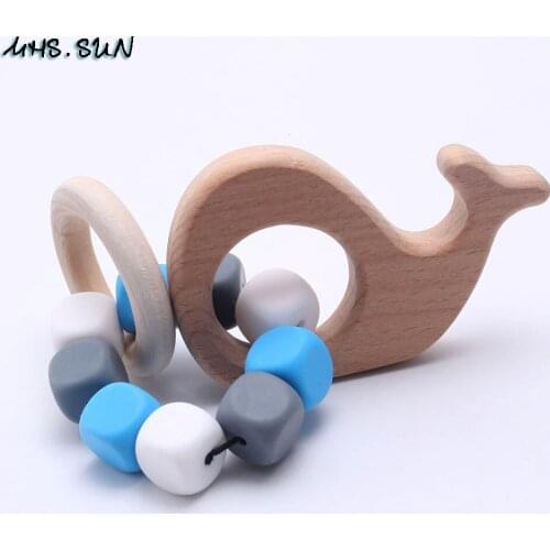MHS.SUN 100% Food grade bracelet chewable silicone bead&original wooden animal whale toy best baby kid teething bracelet jewelry