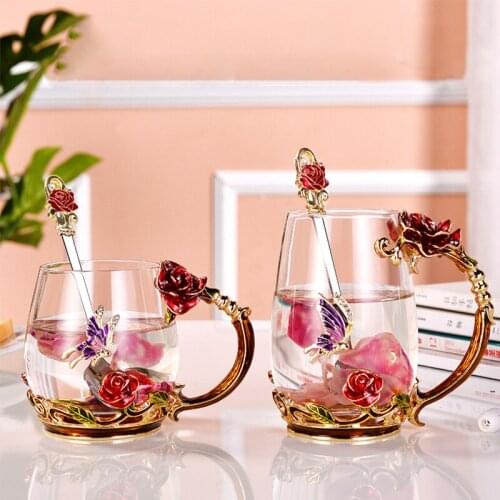 3D Rose Flower Enamel Crystal Cup Butterfly Tea Juice Milk Cup Coffee Mug With Spoon Handgrip Drinkware For Lover Wedding Gifts