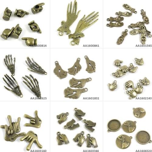 Antique Bronze Tone Jewelry Charms Pinky Promise Cabochon Setting Gloves Love Gesture Hand Palm Heart Skull Witch Loose Beads