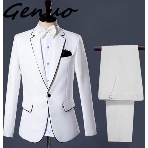 White Tuxedo Wedding Suit Men Blazers (Jacket+Pants) Fashion Slim Fit Mens Grooms Costume Stage Singer Prom Tuxedo Blazer