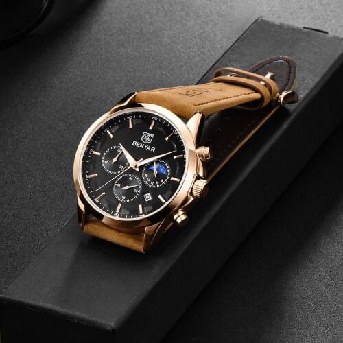 BENYAR 2021 New Luxury Men Quartz Watches 30M Waterproof Leather Military Watches Casual Automatic Watch for Men Reloj Hombre