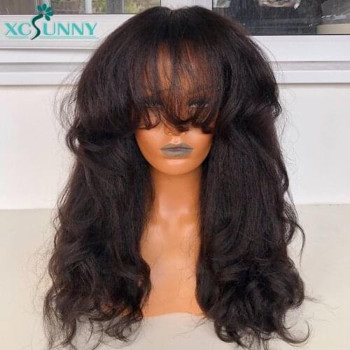 Bangs Wig Human Brazilian Hair Full Machine Made Yaki Wavy Human Hair Wig With Bangs Remy 22" 180 Density For Women xcsunny