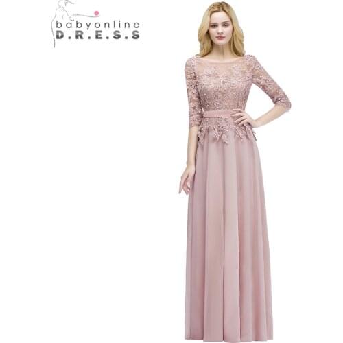 Robe de Soiree Longue Sexy Backless Dusty Rose Lace Half Sleeve Long Evening Dress Chiffon Evening Gowns with Pearls Abendkleid