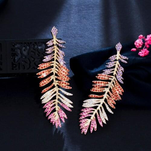 ThreeGraces Elegant Feather Shape Multicolor CZ Crystal Gold Color Long Leaf Drop Dangle Earrings for Women Party Jewelry ER667