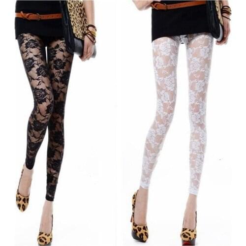 European and American Fashion Rose Mesh Leggings Sexy See-through Lace Cropped Leggings Stacked Leggings Pants Women