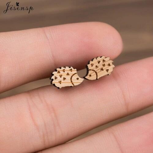Jisensp Kawaii Style Cute Tiny Hedgehog Wooden Earring Lovely Animal Stud Earrings for Women Kids Birthday Jewelry Gift