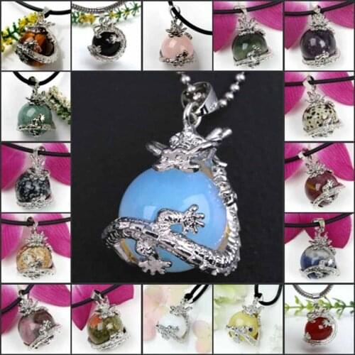 KFT 10Pcs Natural Stone Round Beads Wrap Chinese Dragon Healing Crystal Quartz Reiki Chakra Pendant Jewelry For Women Men Gift