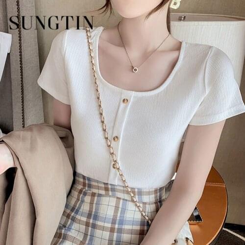 Sungtin Korean Chic Solid T Shirt Slim Short Sleeve Square Collar 5 Colors T Shirt Women French Stretch Slim Female Tops 2021