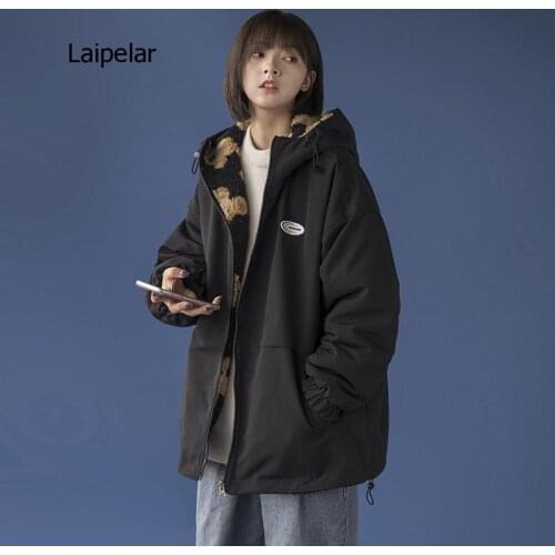Hip Hop Lambswool Jacket Bear Print Double Side Wear Pullover Women Harajuku Street Wear Loose Couple Coat Outwear Winter