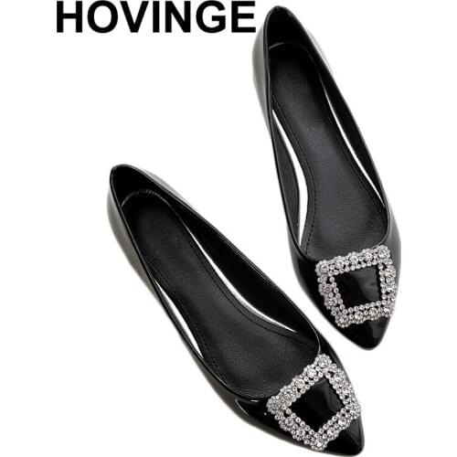 HOVINGE Shoes Woman Big size Flats Loafers Patent leather rhinestone Shoes Casual buckle Slip on Slides Comfortable black