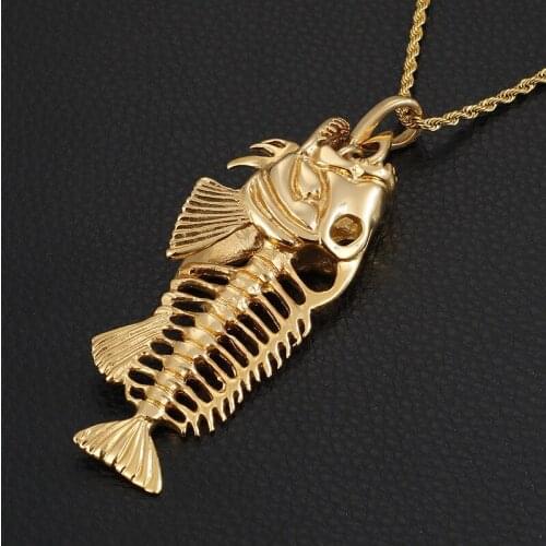 Mens Long Fish Bone Pendant Full Fish Skeleton Titanium Steel