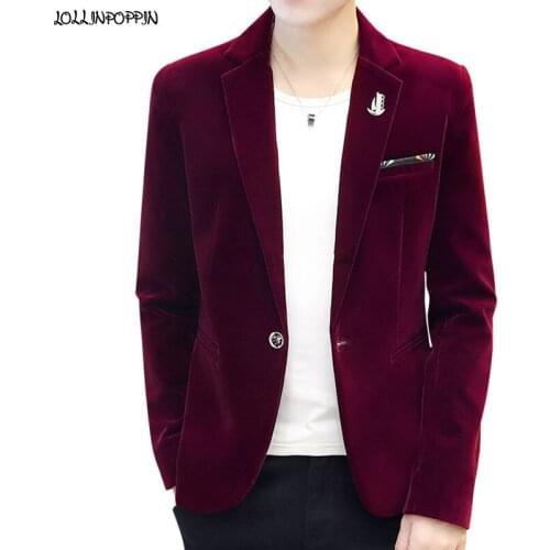 Single Button Men Velvet Casual Blazers Notched Lapel Suit Jacket Wine Red / Black Slim Fit Velour Coat Male Outerwear