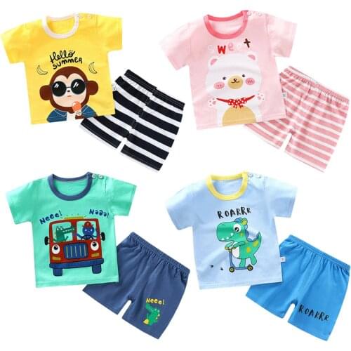 New 2021 Kids Boys Clothing Sets Summer Cartoon Print Short Sleeve O-Neck Cute T-Shirt Tops with Shorts Baby Girls Pajama Sets