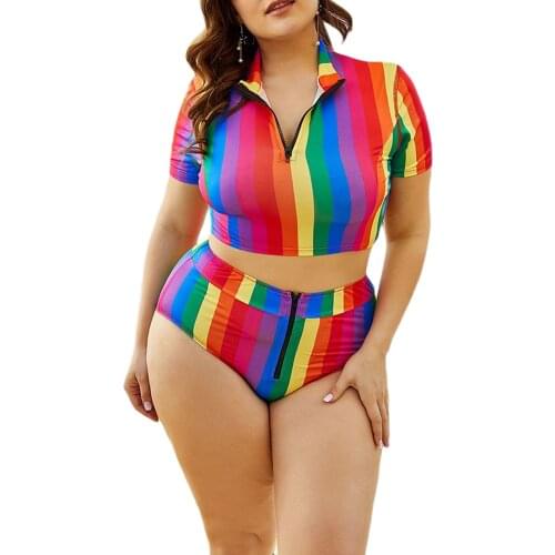 2021 newest Women Fashion 2-piece Swimming Suit Short Sleeve Colorful Striped Top+Bottoms Set Stylish Bathing Suit
