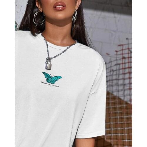 New Butterfly summer ins Harajuku letter print fashion tees ins Harajuku Ulzzang tops loose white punk female plus size T-shirt