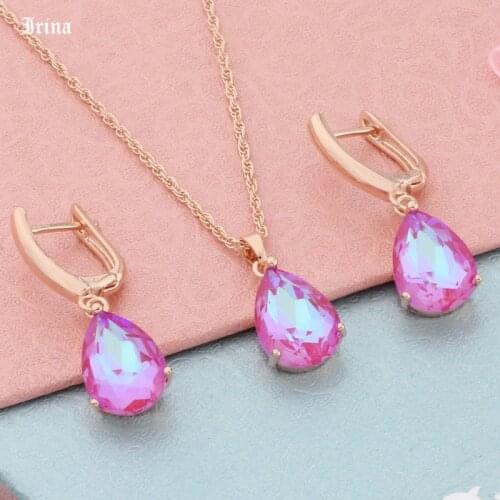Luxury Women 585 Rose Gold Colorful Wedding Jewelry Set Water Drop Wedding Jewelry Sets Chain Pendant Necklace Earrings Party